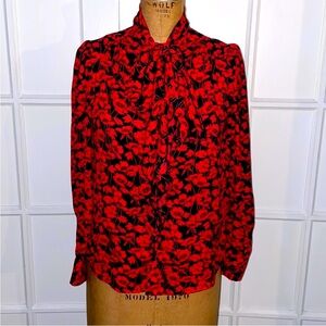NWT WHO WHAT WEAR Red Liberty floral blouse work attire holiday tie neck L